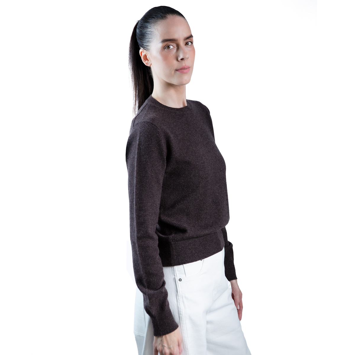 MA02 Slim Crewneck Cashmere Sweater by Mawei in Cocoa dark brown, side view, female model.