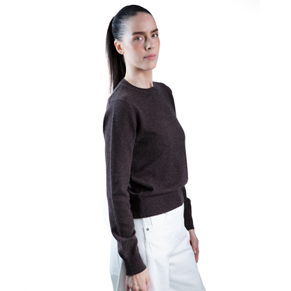 MA02 Slim Crewneck Cashmere Sweater by Mawei in Cocoa dark brown, side view, female model.