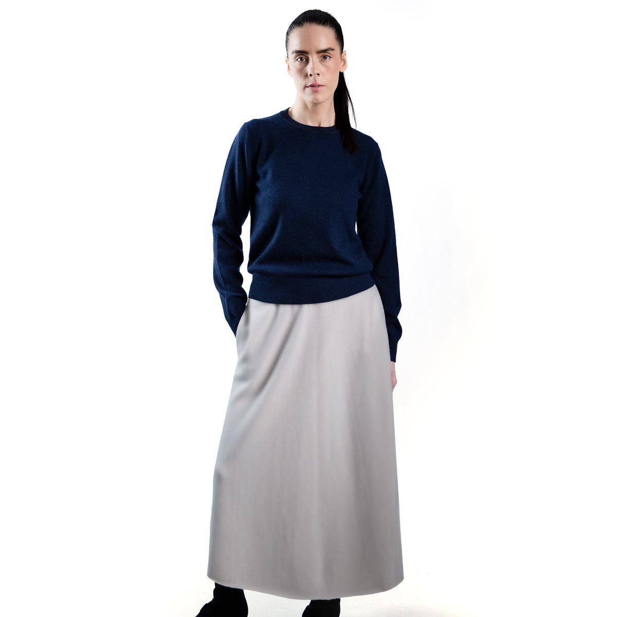 MA14 Short Sleeve Turtleneck Cashmere Sweater by Mawei in blue navy, front view, female model.