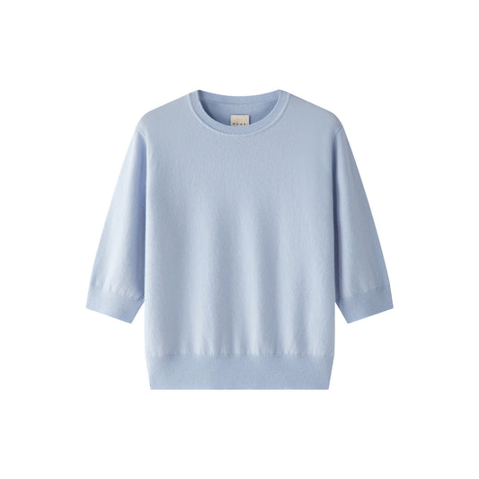 MA03 Cashmere Short Sleeve Crewneck Sweater by Mawei, blue, flat lay.