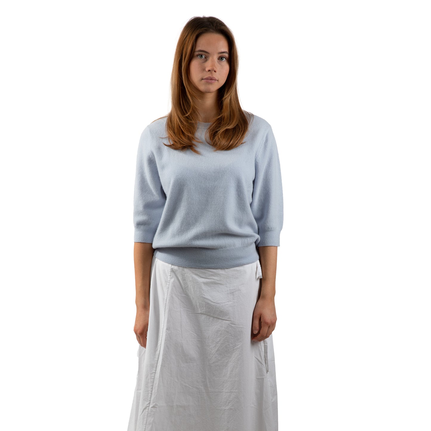 MA03 Cashmere Short Sleeve Crewneck Sweater by Mawei,  blue, front view, female model.