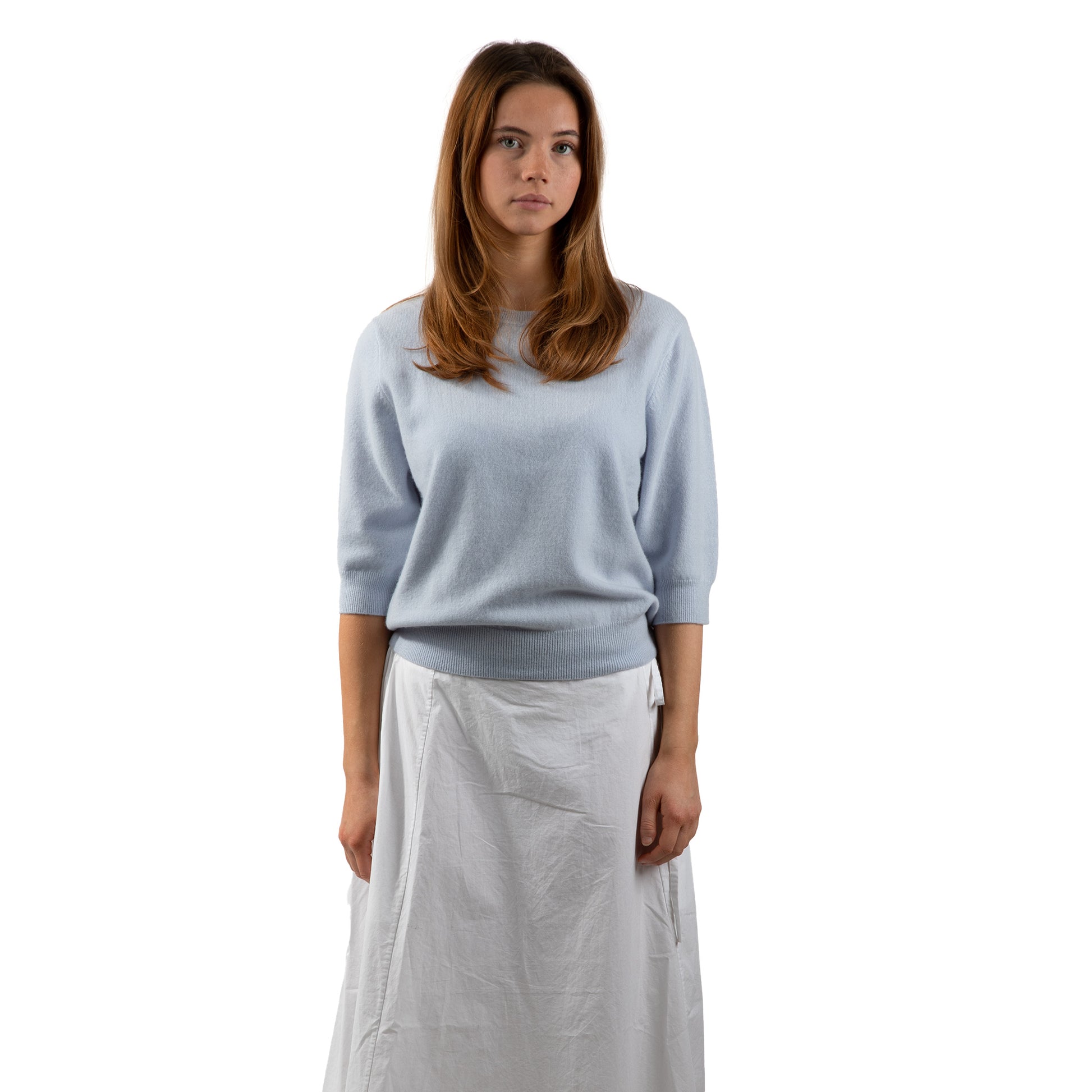MA03 Cashmere Short Sleeve Crewneck Sweater by Mawei,  blue, front view, female model.