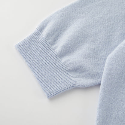 MA03 Cashmere Short Sleeve Crewneck Sweater by Mawei, blue, cuff rib detail close-up.