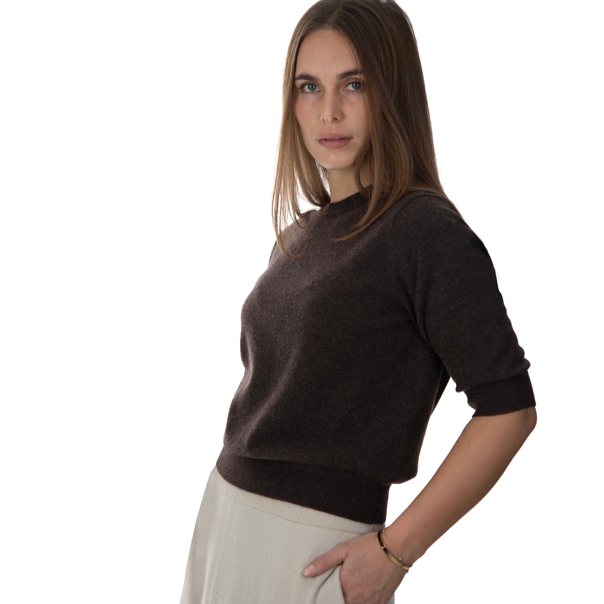MA03 Cashmere Short Sleeve Crewneck Sweater by Mawei, brown, front view, female model.
