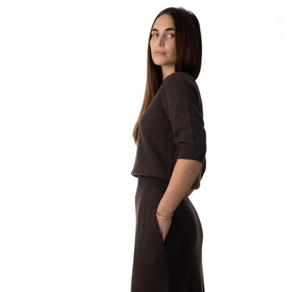 MA03 Cashmere Short Sleeve Crewneck Sweater by Mawei, brown, side view, female model.
