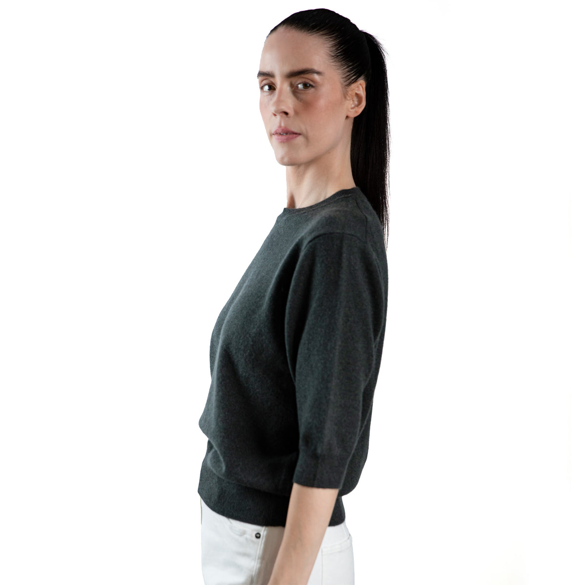 MA03 Cashmere Short Sleeve Crewneck Sweater by Mawei,  green,  side view, female model.