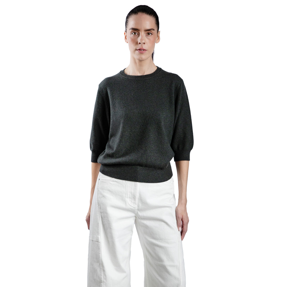 MA03 Cashmere Short Sleeve Crewneck Sweater by Mawei,  green,  front view, female model.