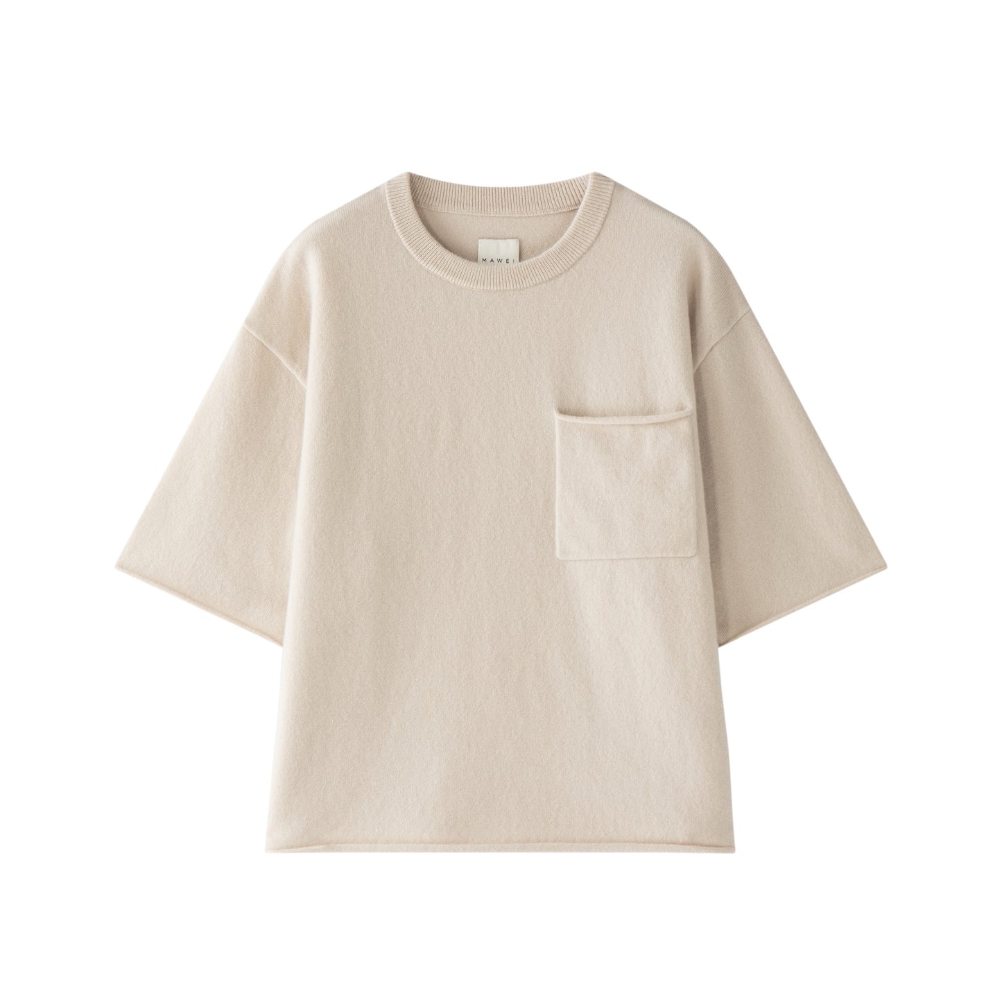 MA04 Short Sleeve Cashmere Tee with Pocket by Mawei, off white, flat lay, front view.