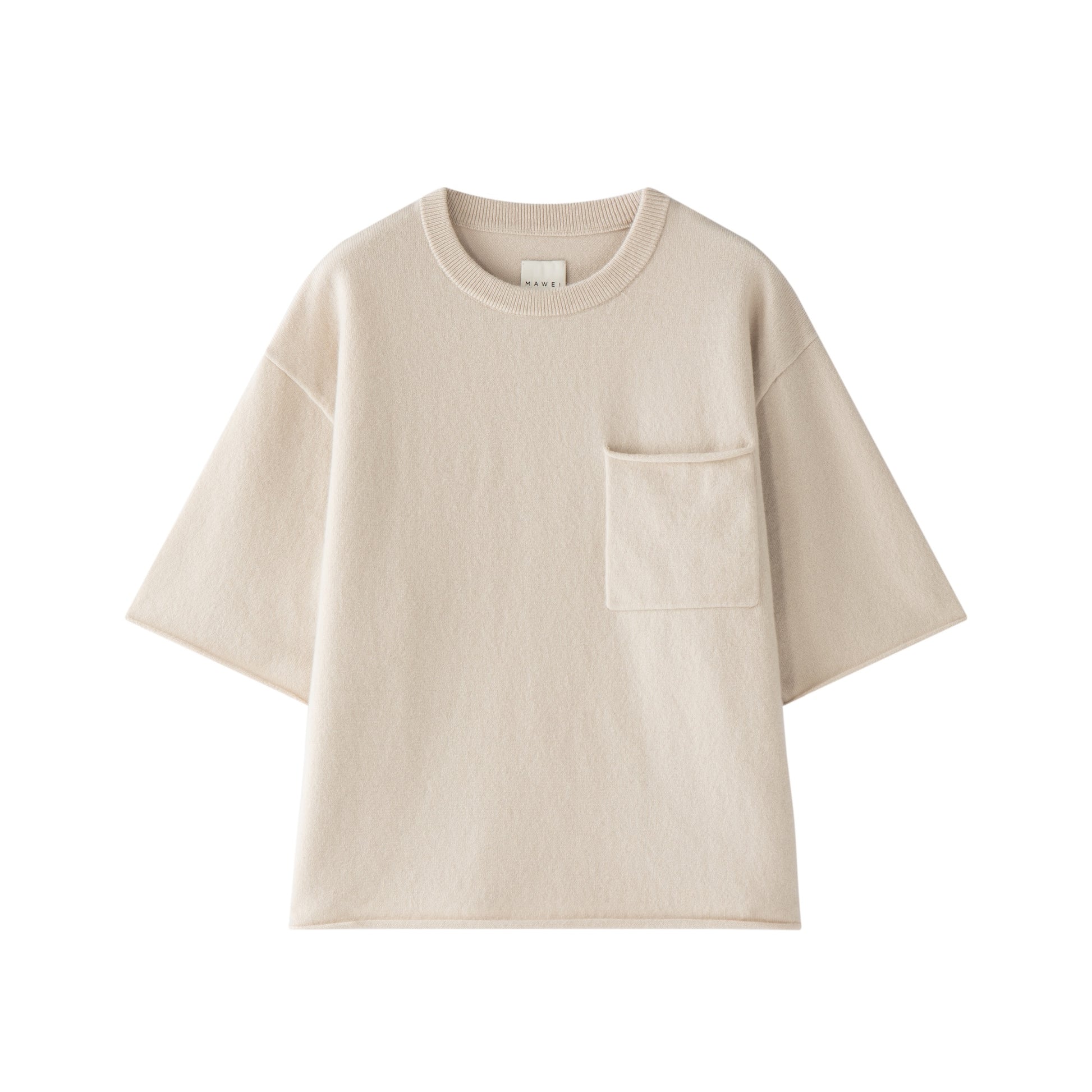 MA04 Short Sleeve Cashmere Tee with Pocket by Mawei, off white, flat lay, front view.