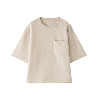 MA04 Short Sleeve Cashmere Tee with Pocket by Mawei, off white, flat lay, front view.
