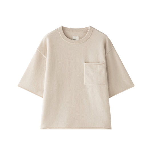 MA04 Short Sleeve Cashmere Tee with Pocket by Mawei, off white, flat lay, front view