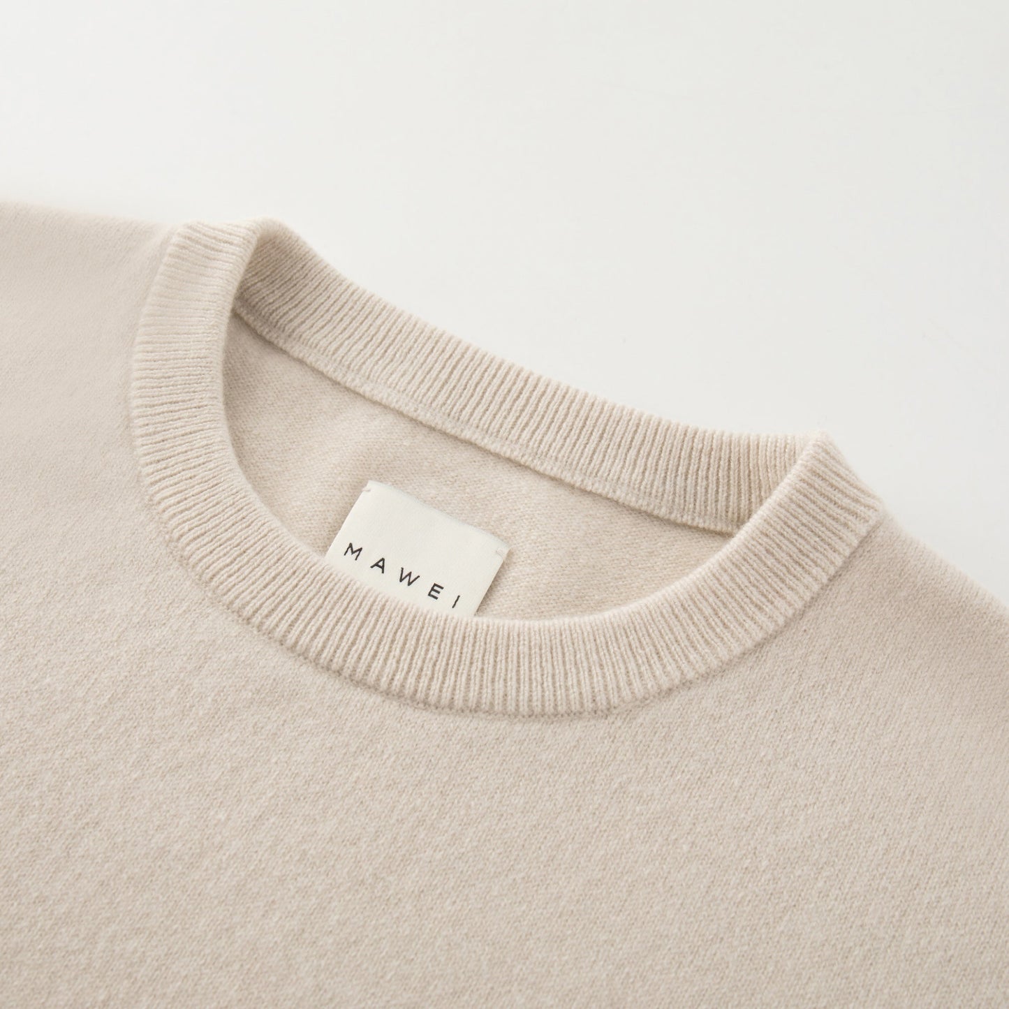 MA04 Short Sleeve Cashmere Tee with Pocket by Mawei, off white, neck rib close up