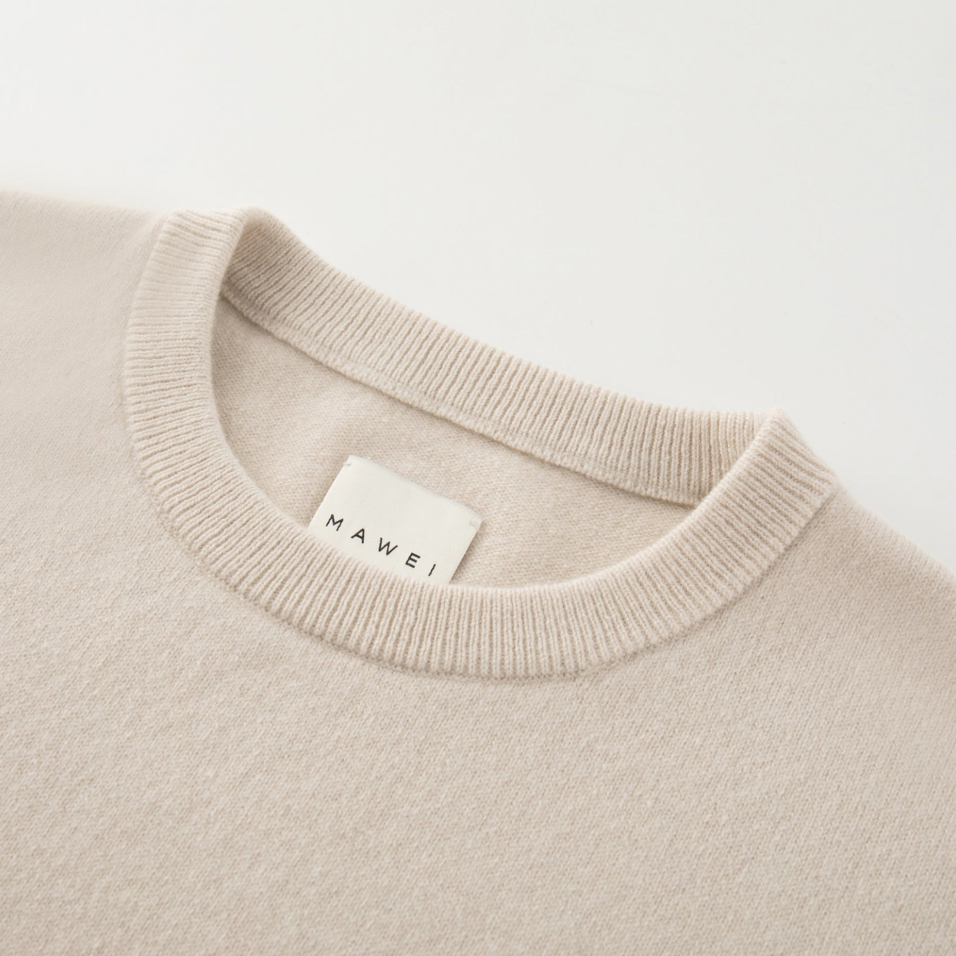 MA04 Short Sleeve Cashmere Tee with Pocket by Mawei, off white, neck rib close up