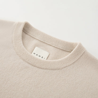MA04 Short Sleeve Cashmere Tee with Pocket by Mawei, off white, neck rib close up