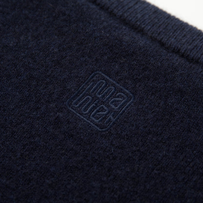 MA04 Short Sleeve Cashmere Tee with Pocket by Mawei, navy blue, fabric and logo embroidery close up,  back view