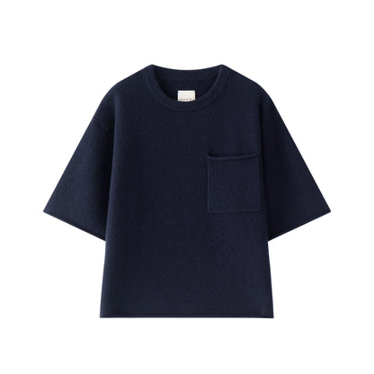 MA04 Short Sleeve Cashmere Tee with Pocket by Mawei, navy blue, flat lay, front view