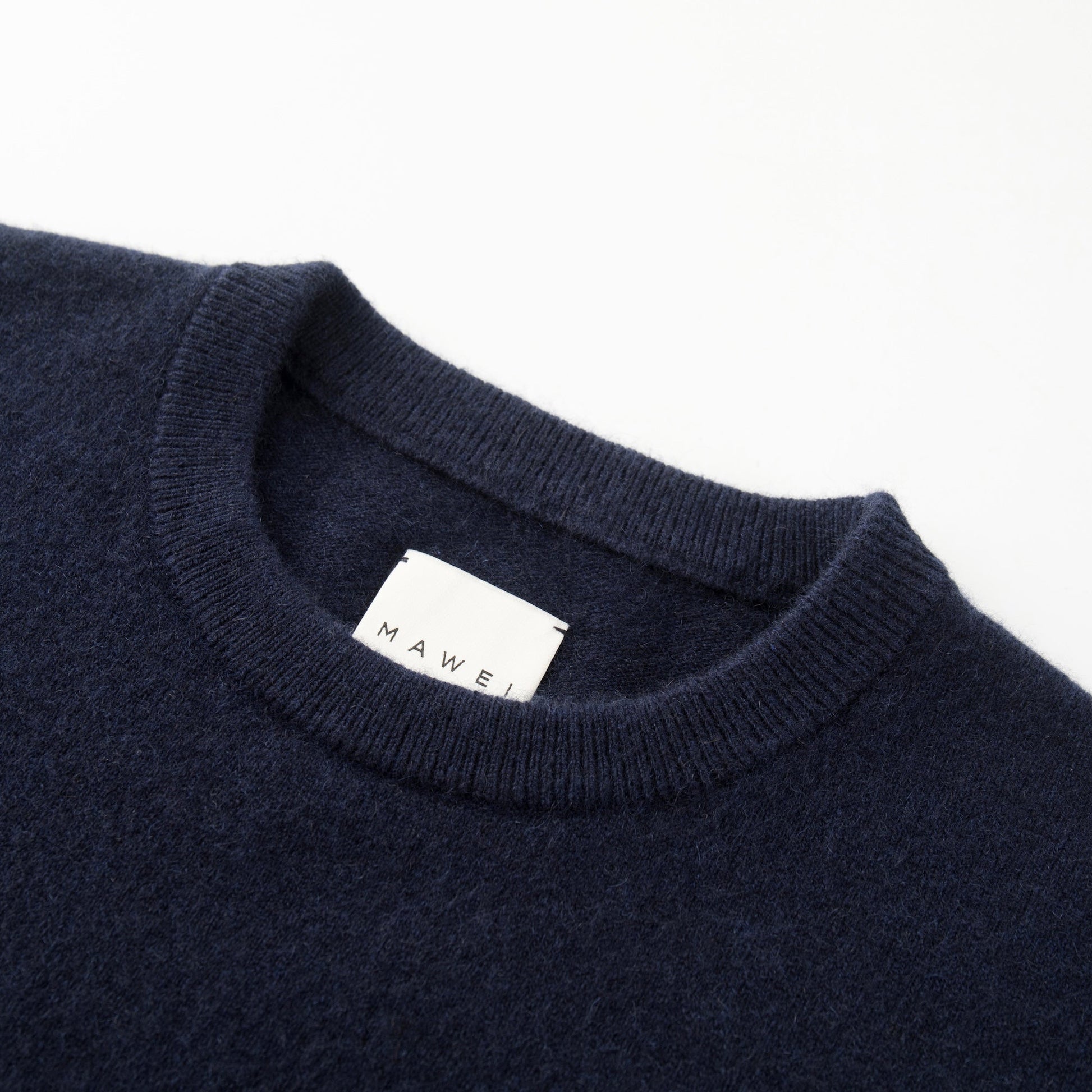 MA04 Short Sleeve Cashmere Tee with Pocket by Mawei, navy blue, neck rib close up.