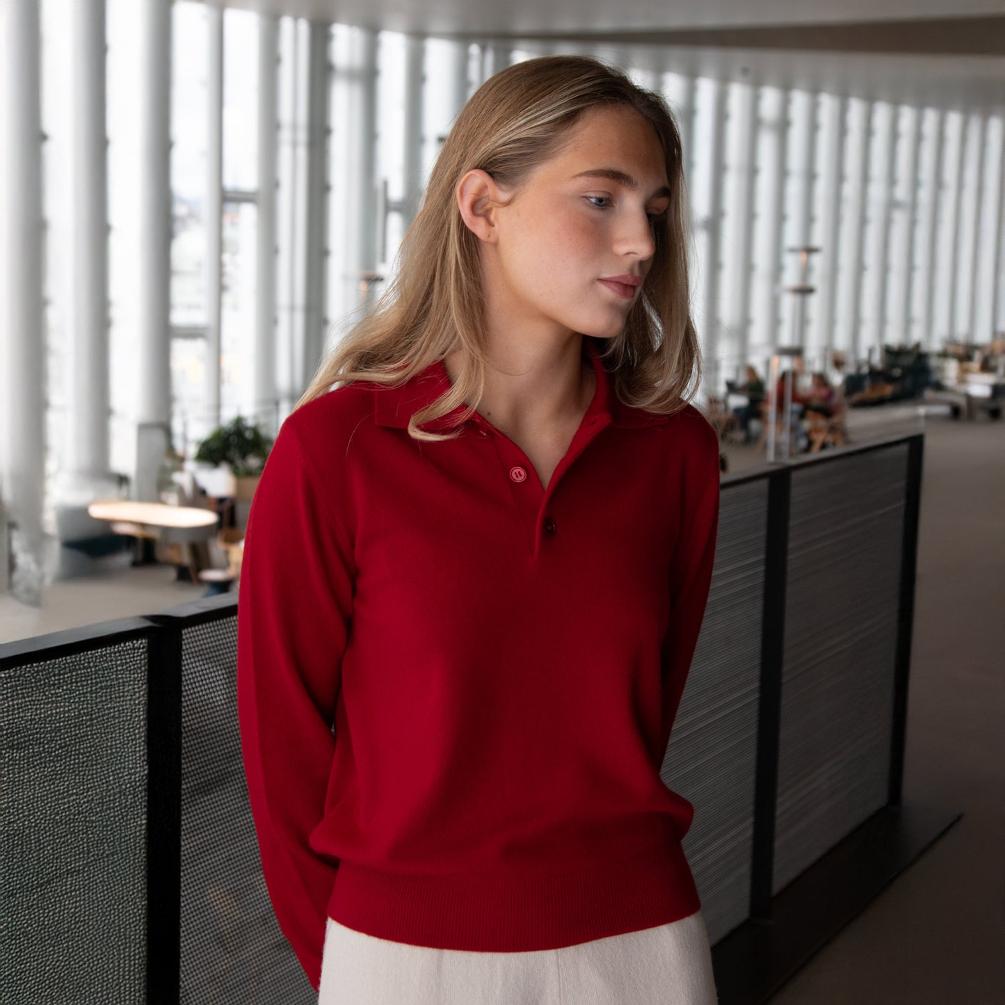 MA05 Cashmere Polo Sweater by Mawei, red, front view, female model.