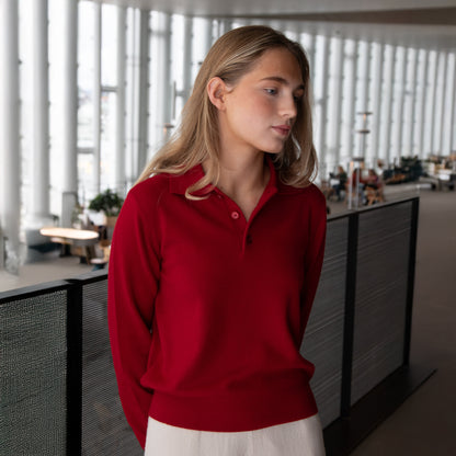 MA05 Cashmere Polo Sweater by Mawei, red, front view, female model.