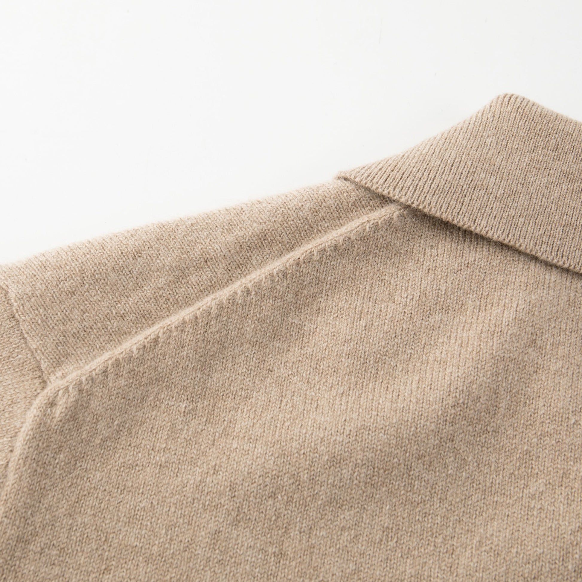 MA25 Cashmere Polo Sweater by Mawei, beige camel, collor, shoulder details close up, back view