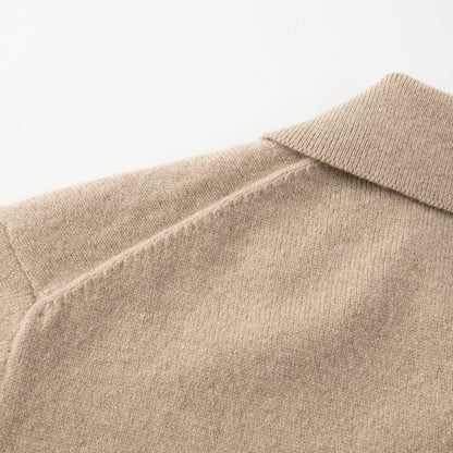MA25 Cashmere Polo Sweater by Mawei, beige camel, collor, shoulder details close up, back view