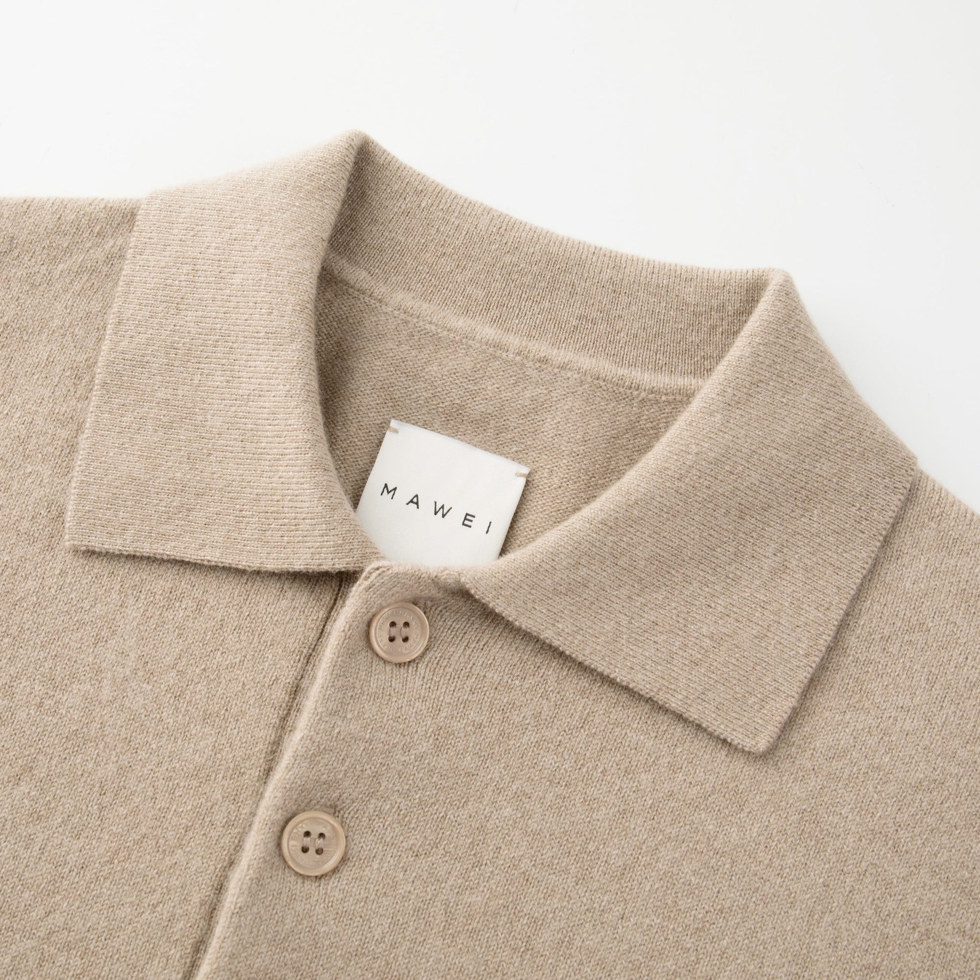 MA25 Cashmere Polo Sweater by Mawei, beige camel, collor buttons close up, front view