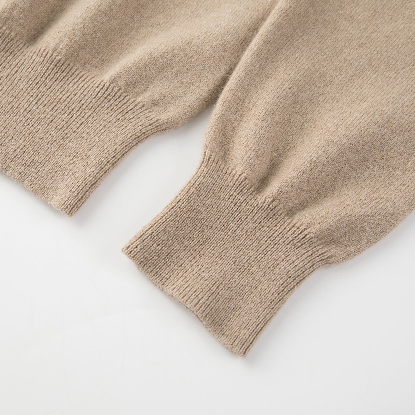 MA25 Cashmere Polo Sweater by Mawei, beige camel, cuff and hem rib close up