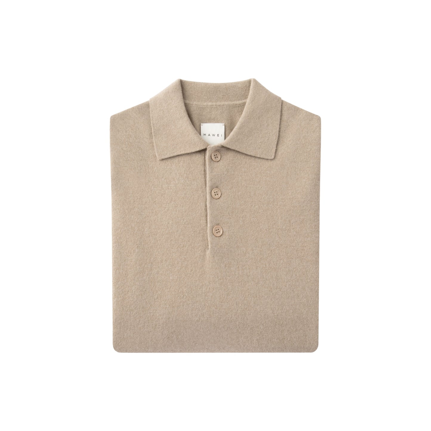 MA05 Cashmere Polo Sweater by Mawei, beige camel, flat lay, folded,  front view