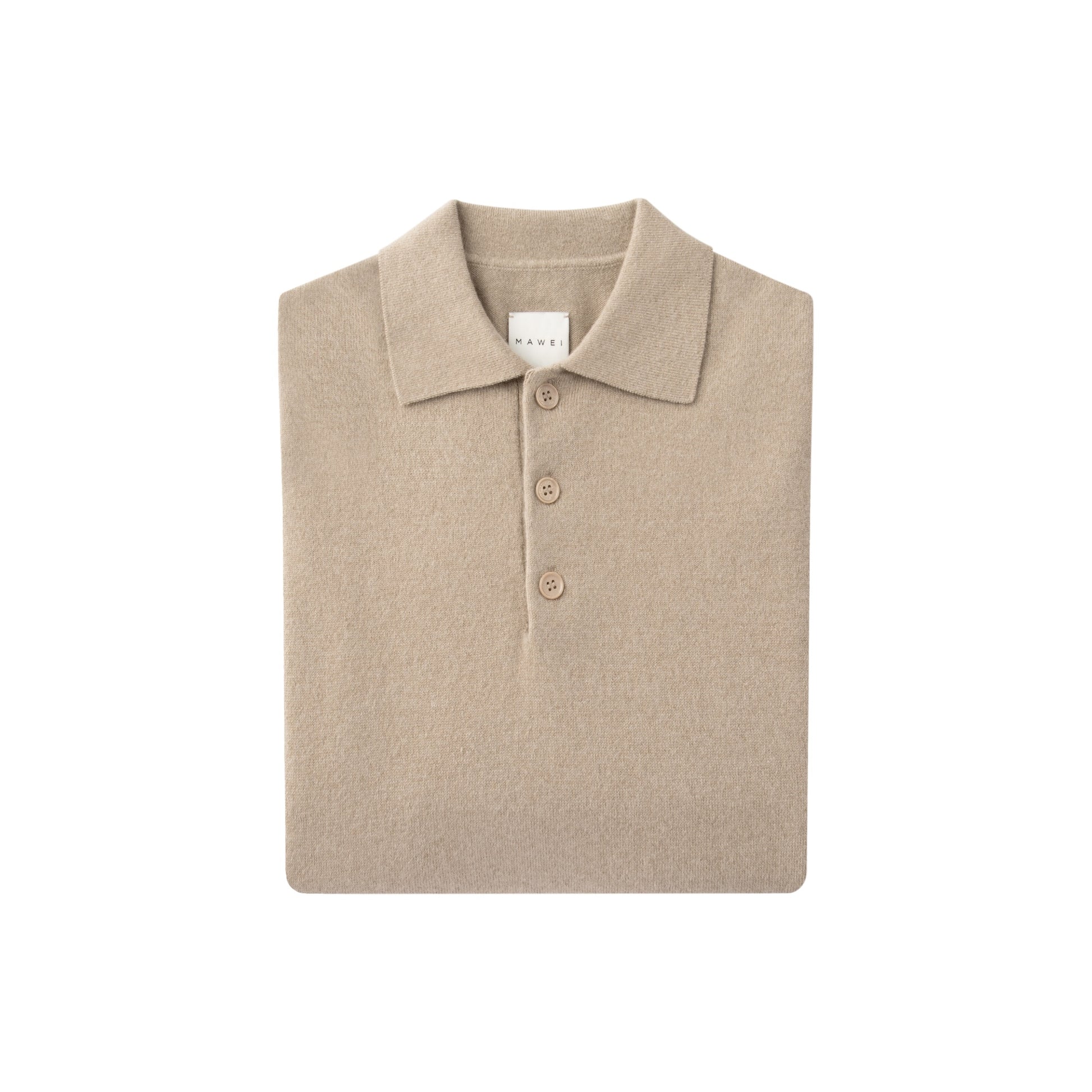 MA05 Cashmere Polo Sweater by Mawei, beige camel, flat lay, folded,  front view