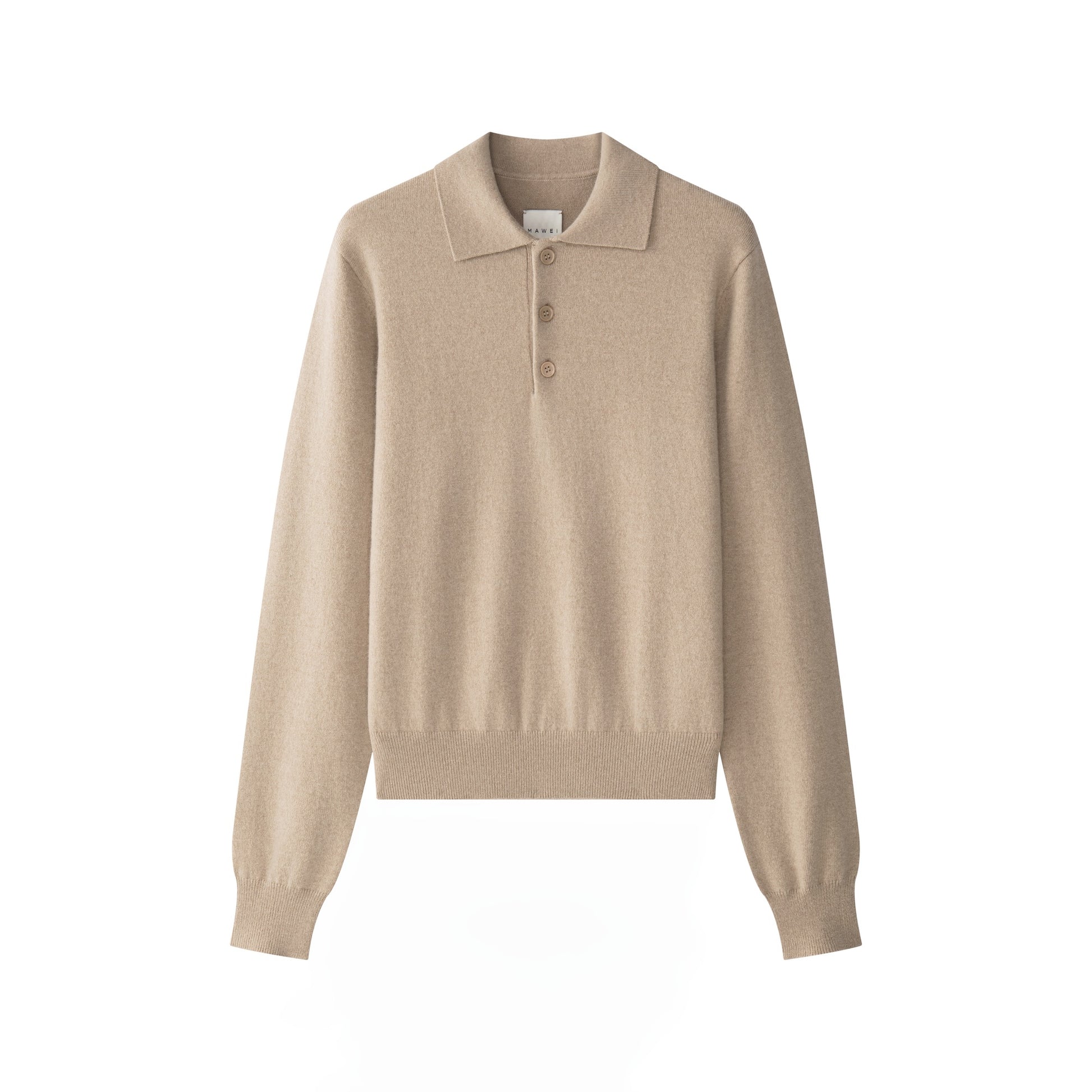 MA25 Cashmere Polo Sweater by Mawei, beige camel, flat lay, front view