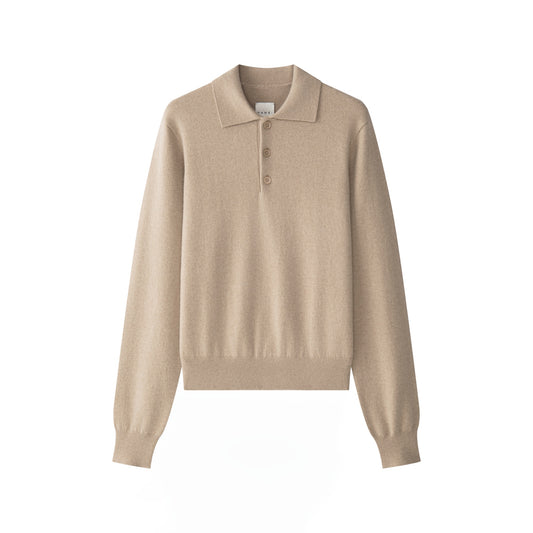 MA25 Cashmere Polo Sweater by Mawei, beige camel, flat lay, front view