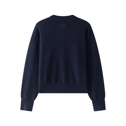 MA06 Cashmere Crewneck Cardigan by Mawei, navy blue, flat lay back side, close up.