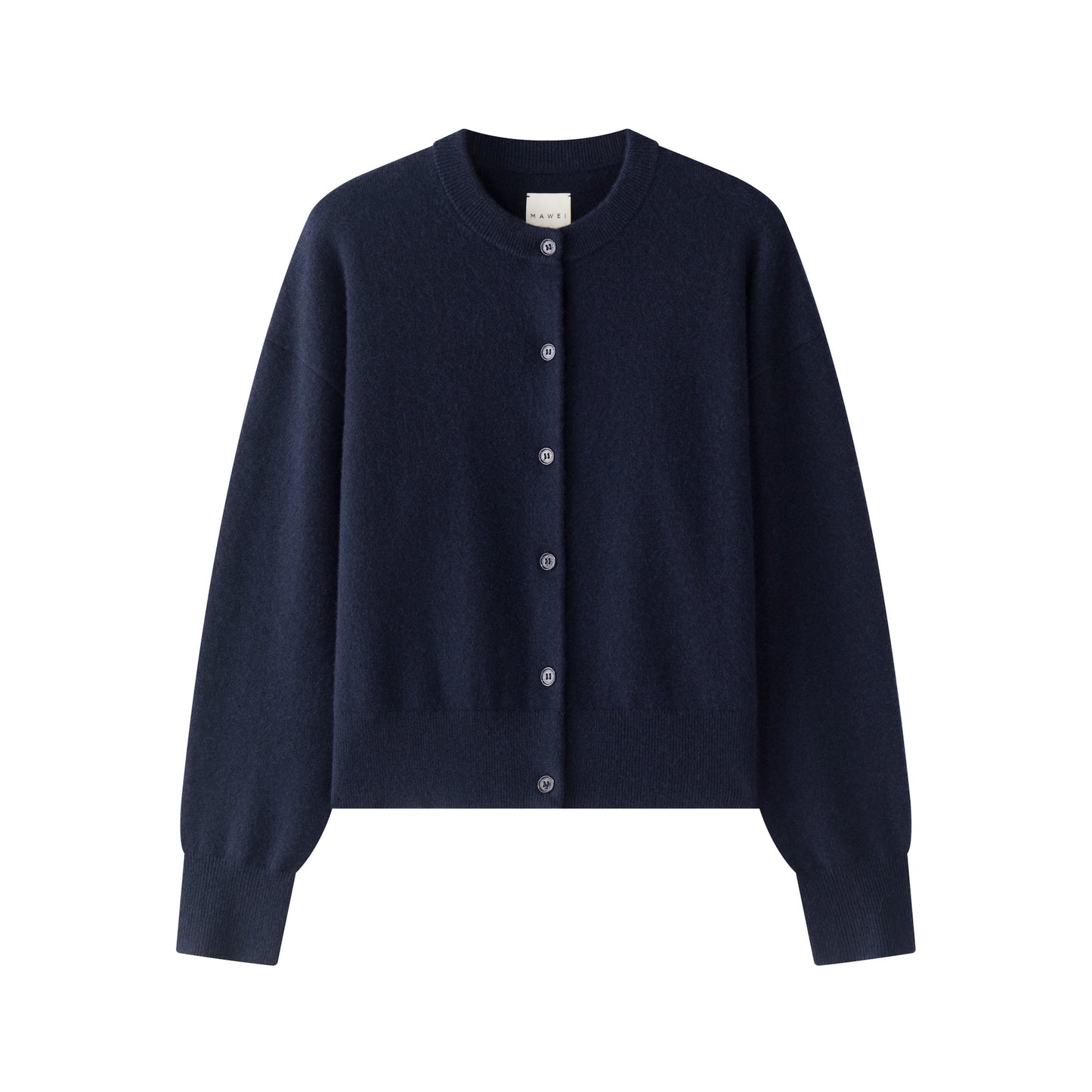 MA06 Cashmere Cardigan by Mawei, navy blue, flat lay, front close-up.