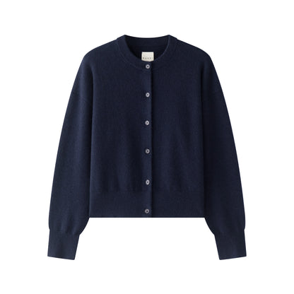 MA06 Cashmere Cardigan by Mawei, navy blue, flat lay, front close-up.