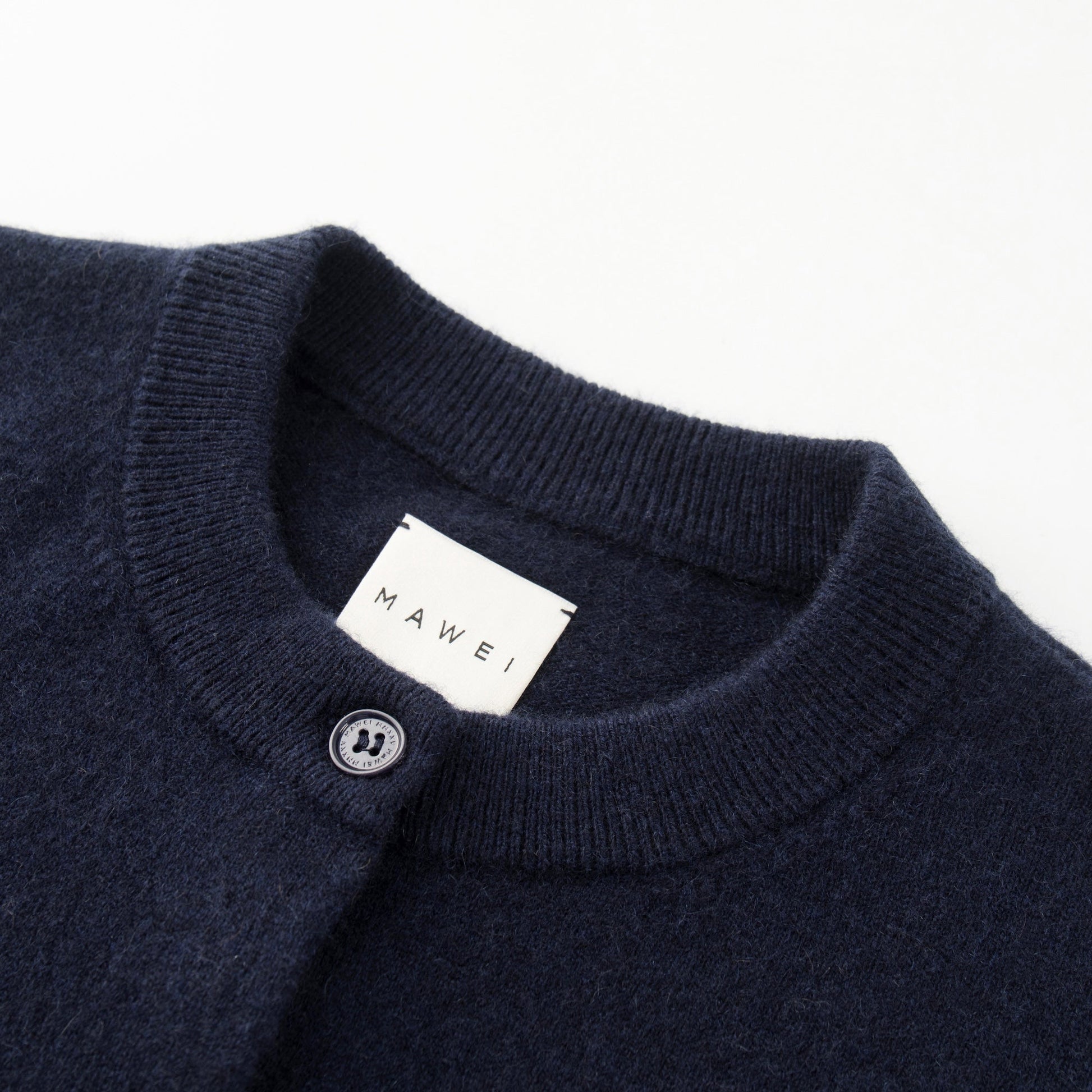 MA06 Cashmere Cardigan by Mawei, navy blue, neck rib details.