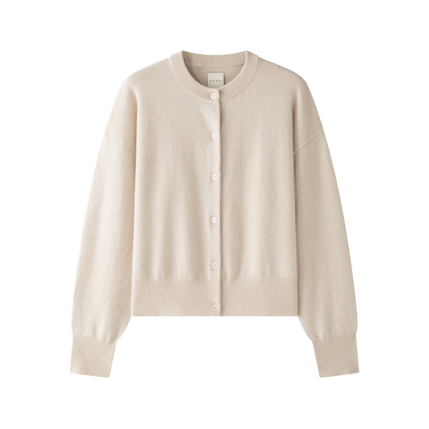 MA06 Cashmere Crewneck Cardigan by Mawei, off white, flat lay, front view.