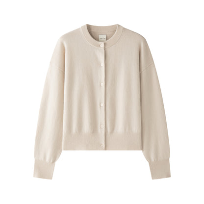 MA06 Cashmere Crewneck Cardigan by Mawei, off white, flat lay, front view.