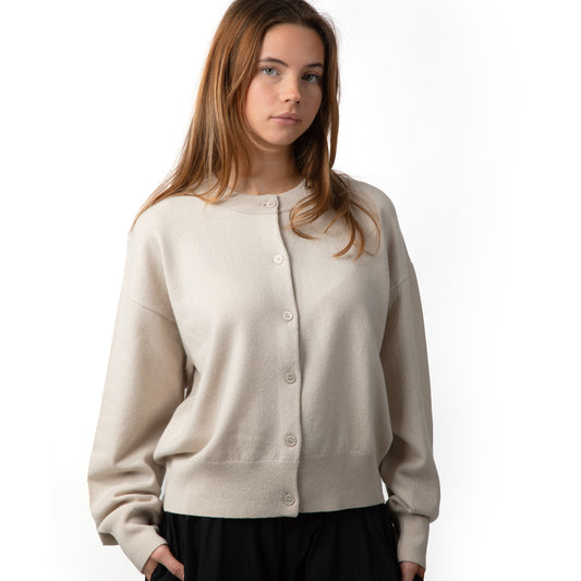 MA06 Cashmere Crewneck Cardigan by Mawei, off white, front view, female model.