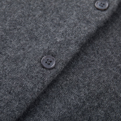 MA06 Cashmere Crewneck Cardigan by Mawei, grey, button details close-up.