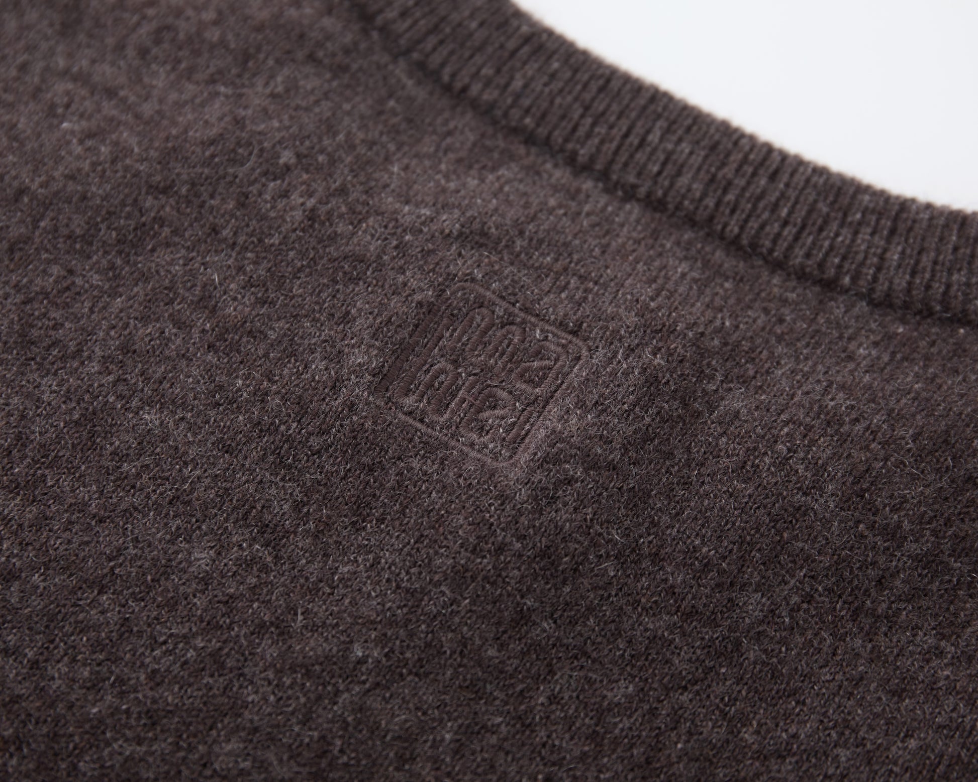 MA07 Short Sleeve Oversized Cashmere  Crewneck  Sweater by Mawei, brown,  embroidery close up, back view.