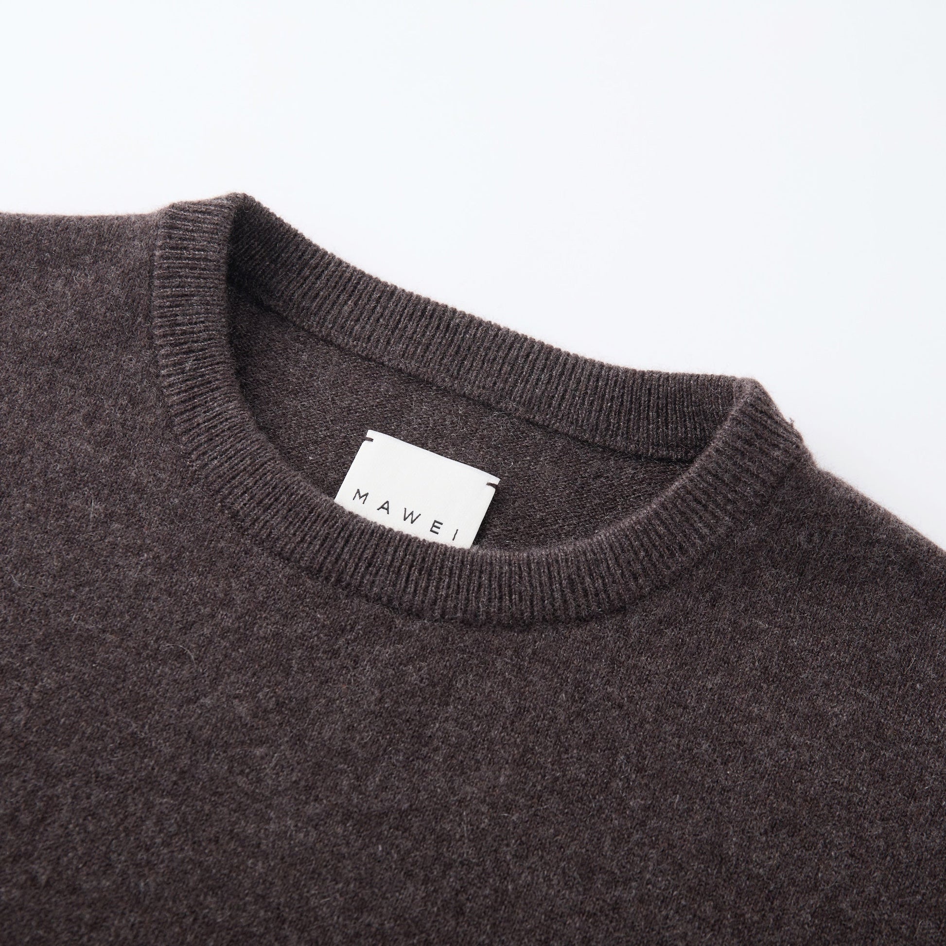 MA07 Cashmere Short Sleeve Crewneck Sweater by Mawei,  brown, neck rib close-up.