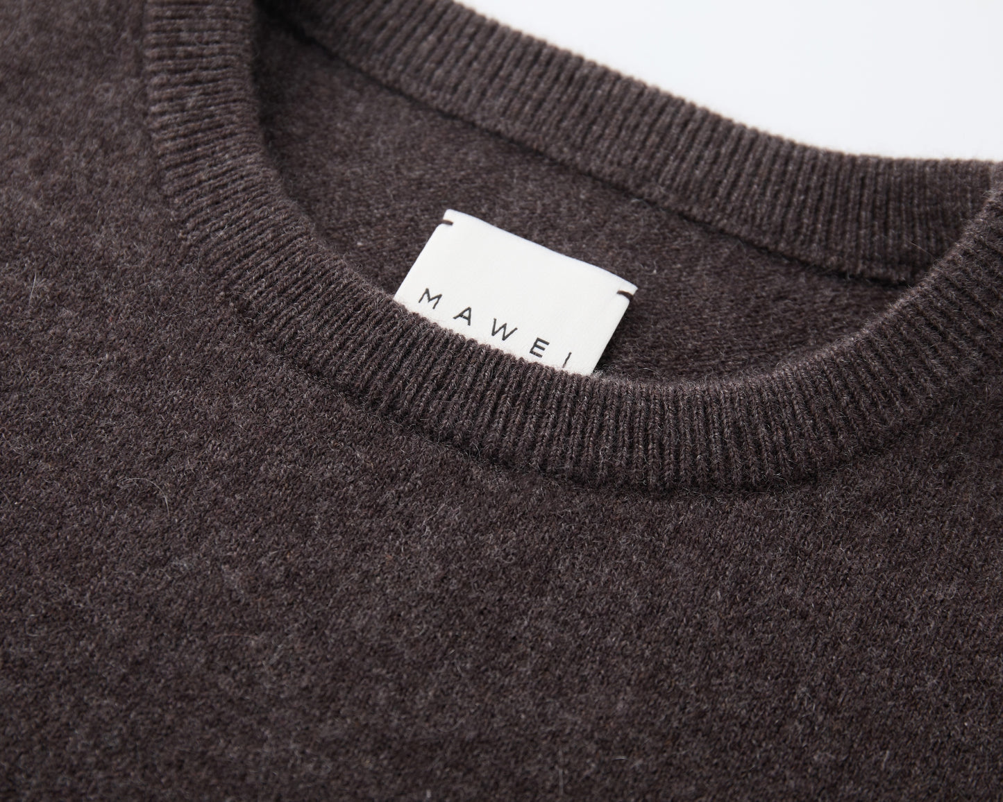 MA07 Short Sleeve Oversized Cashmere  Crewneck  Sweater by Mawei, brown,  ribbed neck close up