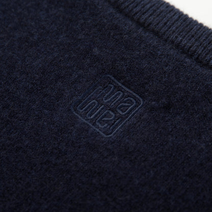 MA07  Cashmere Short Sleeve Crewneck  Sweater by Mawei, navy blue, fabric and logo embroidery  close-up, back view.