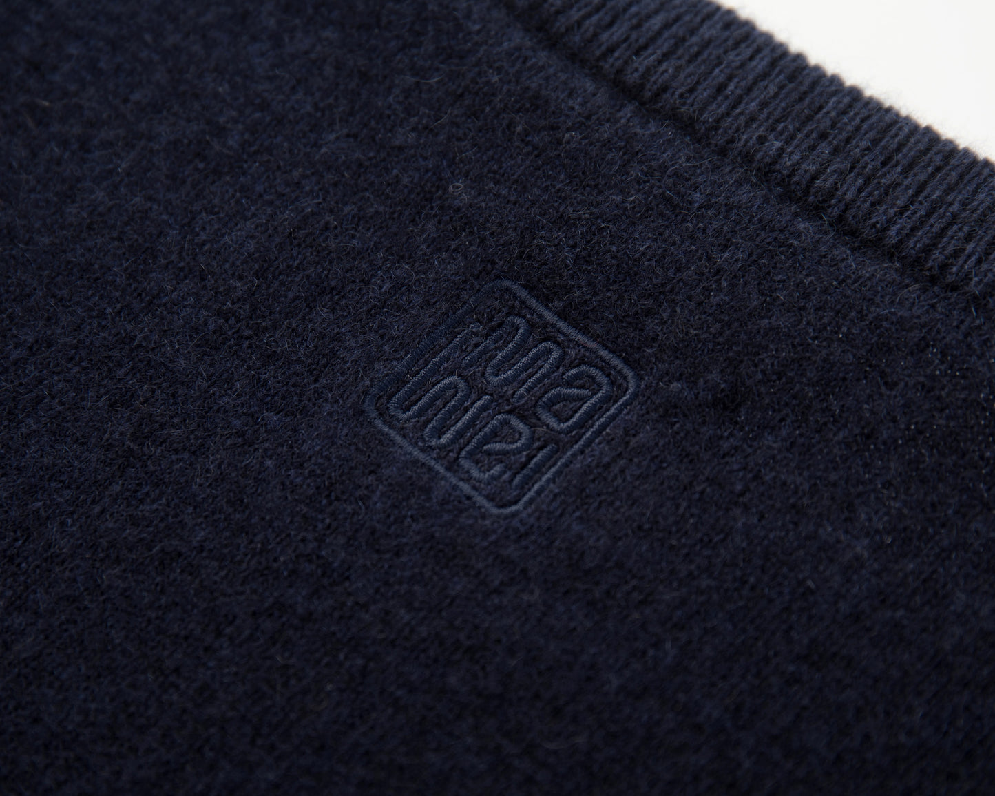 MA07 Short Sleeve Oversized Cashmere  Crewneck  Sweater by Mawei, navy, blue,  embroidery close up, back view.
