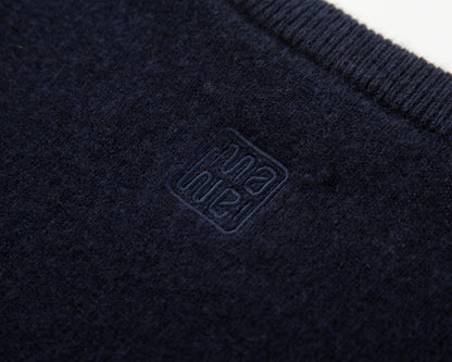 MA07 Short Sleeve Oversized Cashmere  Crewneck  Sweater by Mawei, navy, blue,  embroidery close up, back view.