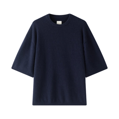MA07 Short Sleeve Oversized Cashmere  Crewneck  Sweater by Mawei, brown,  navy, blue, flat lay.