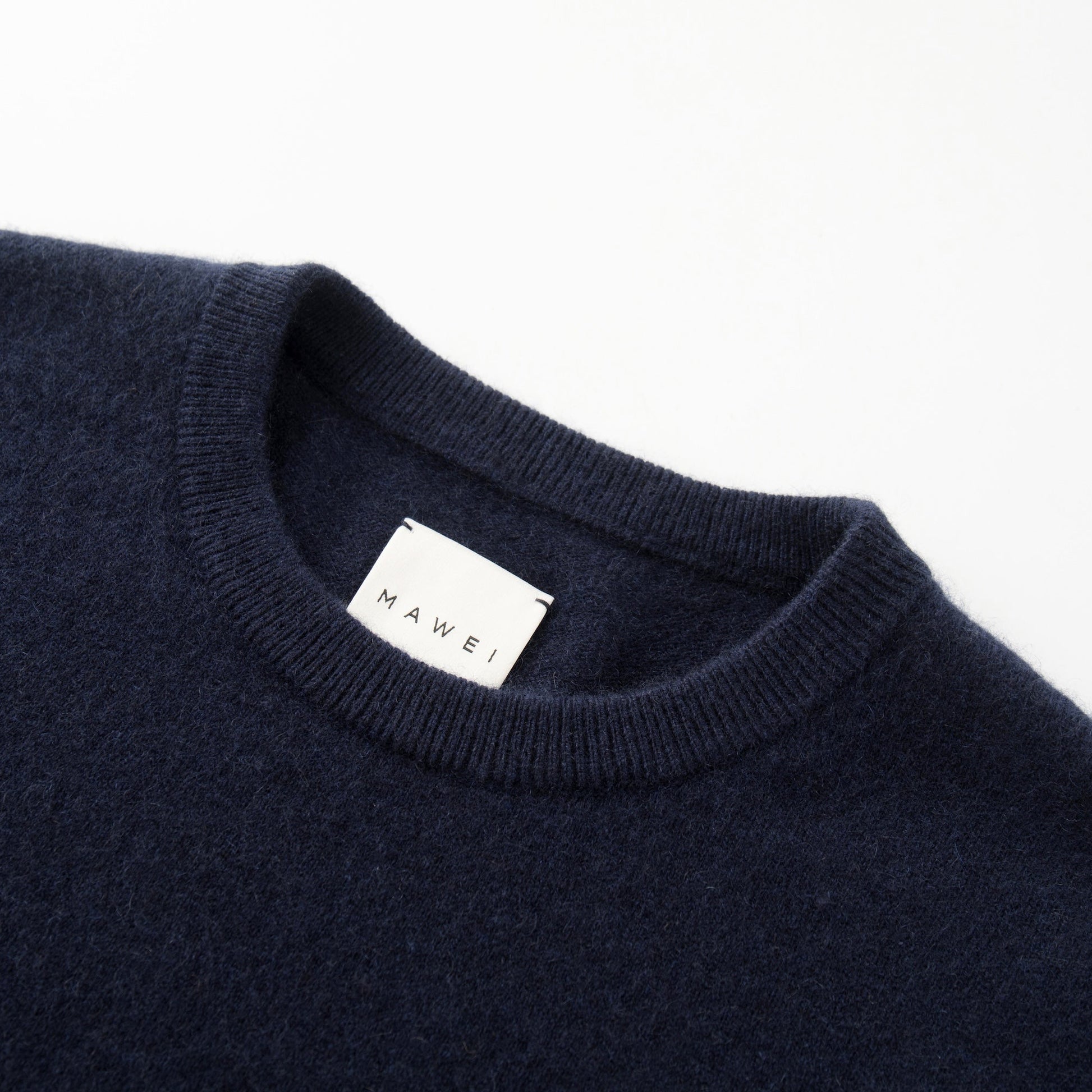 MA07 Cashmere Short Sleeve Crewneck Sweater by Mawei,  navy blue, neck rib close-up.