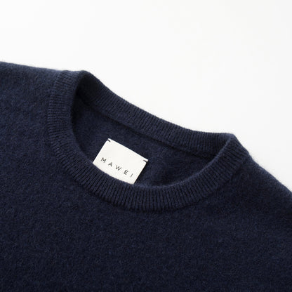 MA07 Cashmere Short Sleeve Crewneck Sweater by Mawei,  navy blue, neck rib close-up.