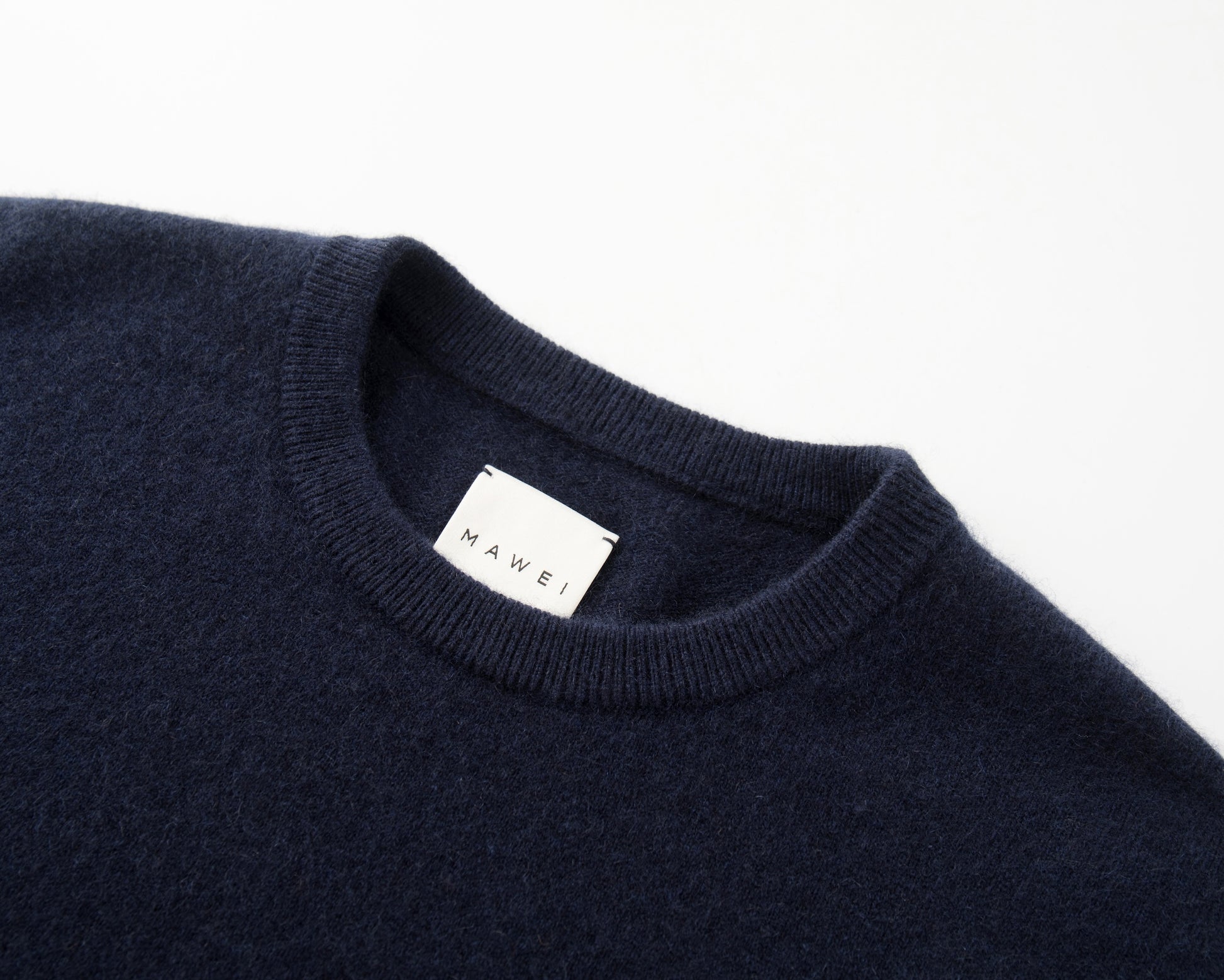 MA07 Short Sleeve Oversized Cashmere  Crewneck  Sweater by Mawei, navy,  blue, ribbed neck close up