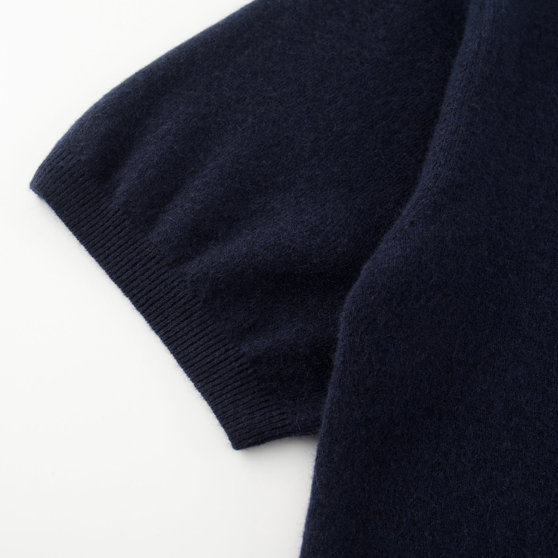 MA07 Cashmere Short Sleeve Crewneck Sweater by Mawei, navy blue, sleeve and cuff rid details